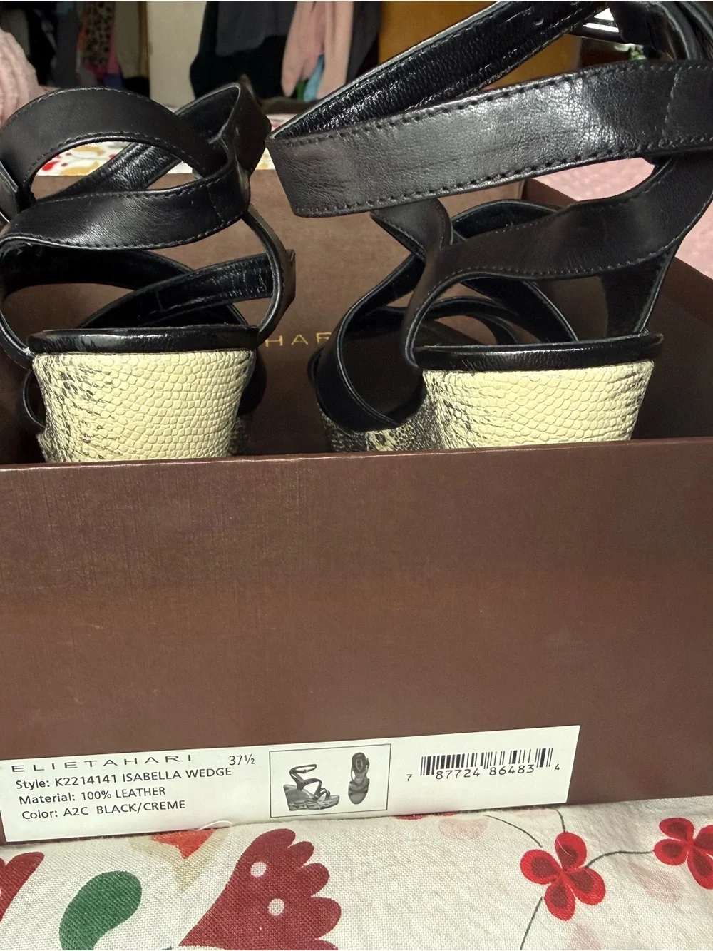 Elie Tahari Black Leather Strappy Wedge Sandals with Cream Textured Heel